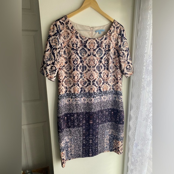 ANTONIO MELANI New Blush Pink Blue Print Sheath Dress With Sleeves Size 10 NWOT - Picture 1 of 13